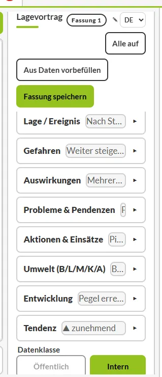 Lagevortrag mit den Rubriken Lage, Gefahren, Umwelt, Entwicklung und Tendenz, Übungsfall Musterwil