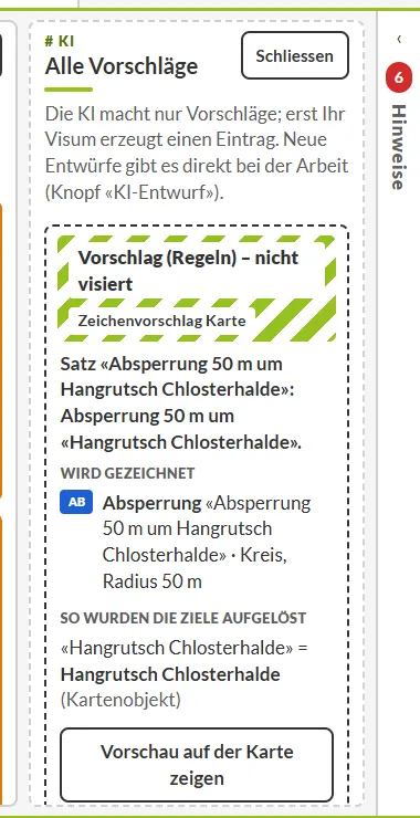 Vorschläge der KI und des Regelwerks mit Hinweis «nicht visiert», Übungsfall Musterwil