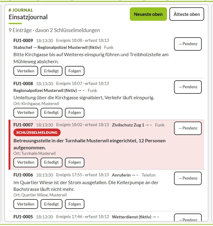 Journal mit einer Schlüsselmeldung, rot hervorgehoben, Übungsfall Musterwil
