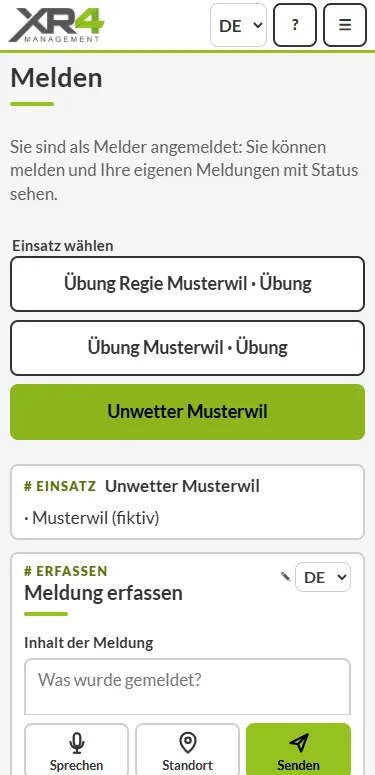 Meldeseite des Augenzeugen-Portals auf dem Mobiltelefon, Übungsfall Musterwil