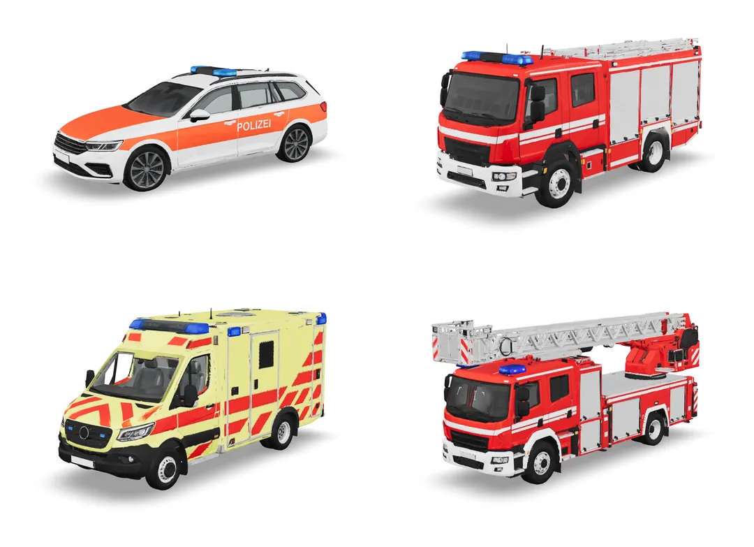 Fahrzeugmodelle aus dem Fahrzeugpark in hoher Auflösung: Polizeipatrouille, Tanklöschfahrzeug, Rettungswagen und Autodrehleiter, KI-erzeugte Symbolbilder ohne echte Logos