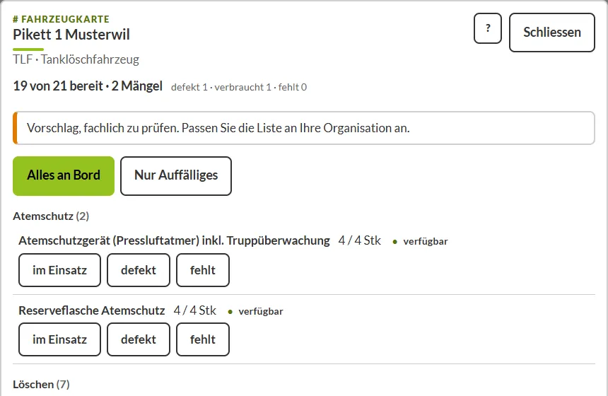 Fahrzeugkarte mit Material in einem Fahrzeug, Zustand je Position mit grossen Tasten, Übungsfall Musterwil
