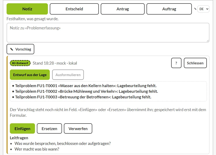Textfeld mit Schreibvorschlag, markiert als KI-Entwurf, der erst nach ausdrücklichem Einfügen übernommen wird