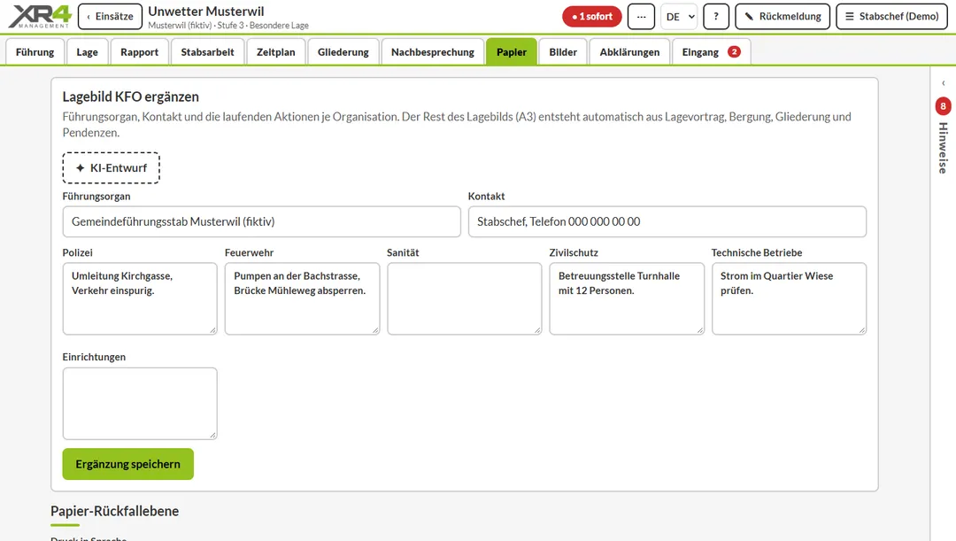 Register Papier mit Ergänzung des Lagebilds und Druckprodukten, Übungsfall Musterwil
