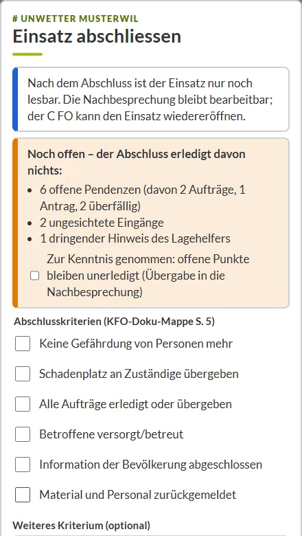 Einsatz abschliessen mit offenen Punkten und Abschlusskriterien, Übungsfall Musterwil