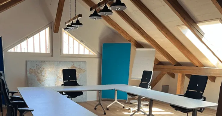 Showroom Ottikon: Workshop-Raum mit U-förmig gestellten Tischen, Flipcharts und Weltkarte